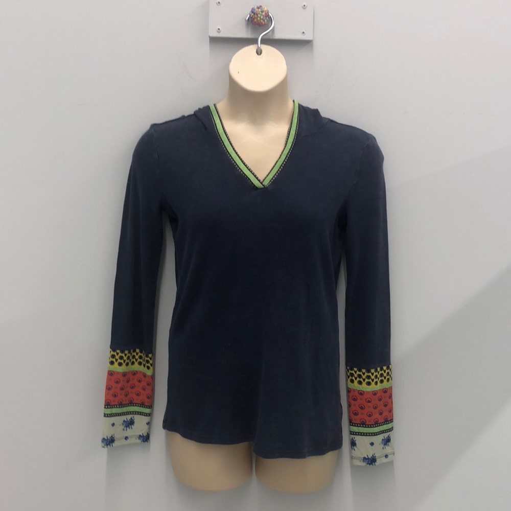 Lightweight blue hooded pullover sweatshirt with multi color detail